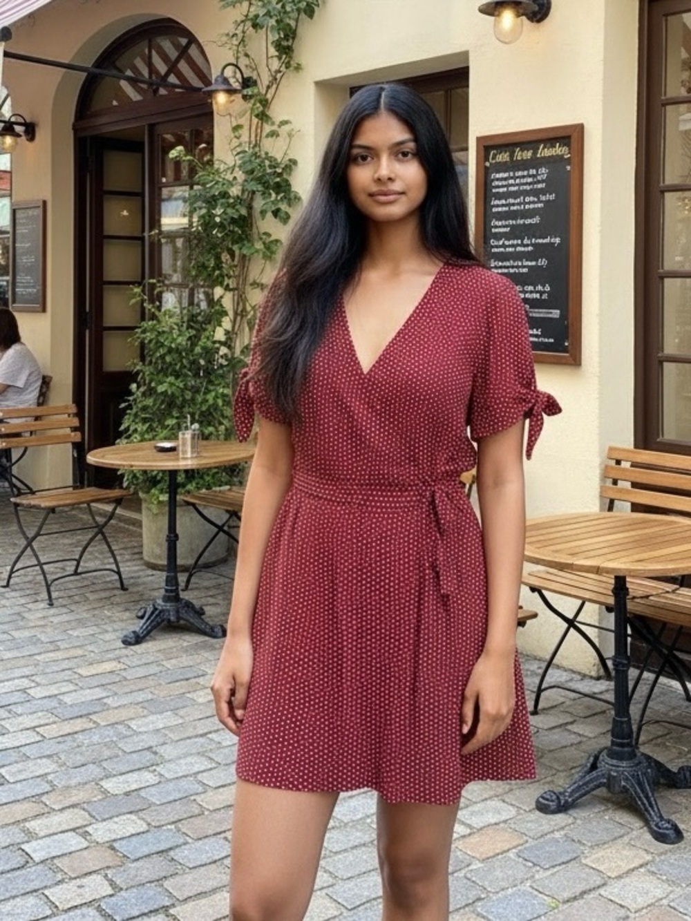 LOFT Petite Deep Red Polka Dot Wrap Romper Tie Sleeve 6P Never Worn